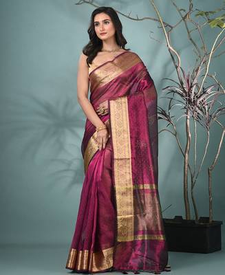 magenta tissue saree with stone detailing 2