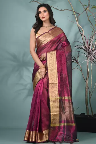 magenta tissue saree with stone detailing