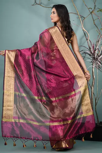 magenta tissue saree with stone detailing