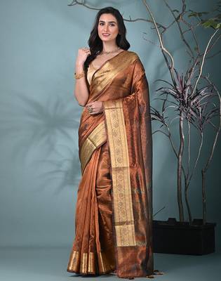copper tissue saree with stone detailing 1
