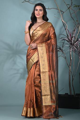 copper tissue saree with stone detailing