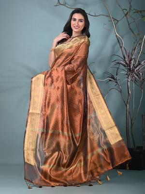 copper tissue saree with stone detailing 2