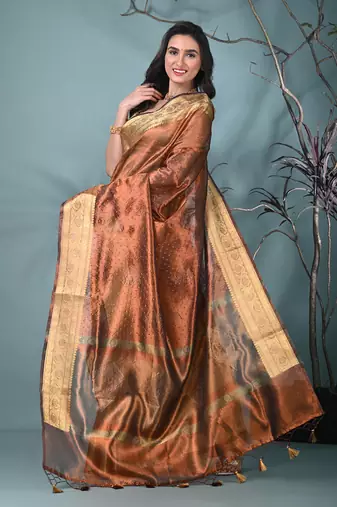 copper tissue saree with stone detailing