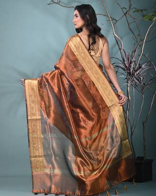 copper tissue saree with stone detailing 3