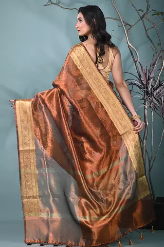 copper tissue saree with stone detailing