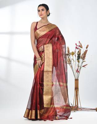 dark red tissue saree with stone detailing 2
