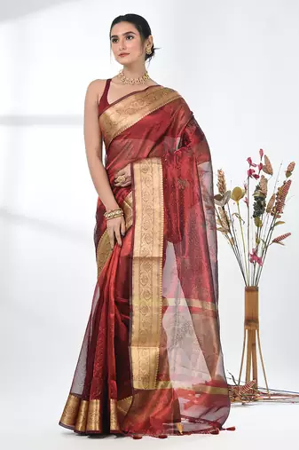 dark red tissue saree with stone detailing