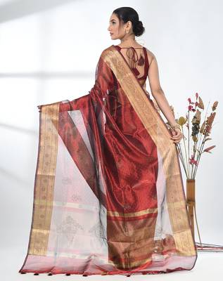 dark red tissue saree with stone detailing 3