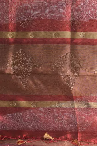 dark red tissue saree with stone detailing