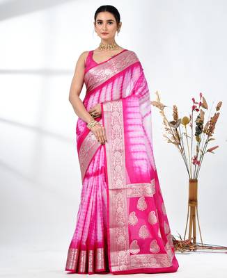 pink & white silk blend tie & dye saree with intricate border 1