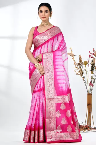 pink & white silk blend tie & dye saree with intricate border
