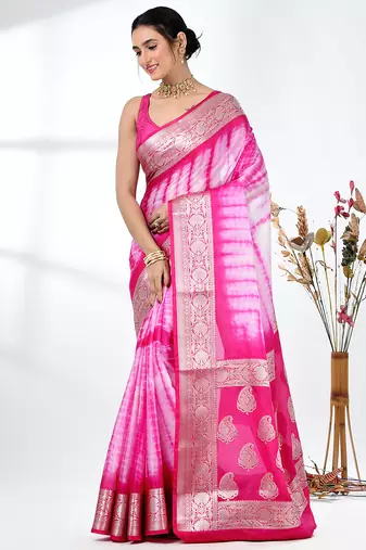 pink & white silk blend tie & dye saree with intricate border
