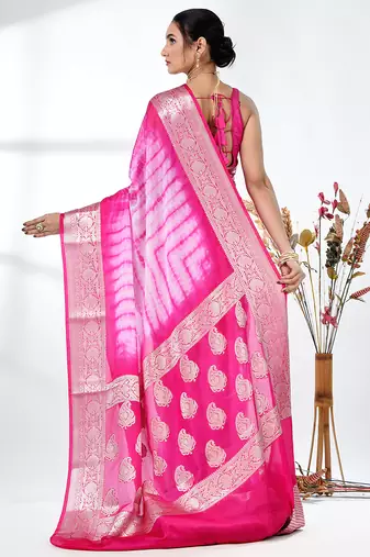 pink & white silk blend tie & dye saree with intricate border
