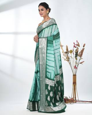 green & white silk blend tie & dye saree with intricate border 2