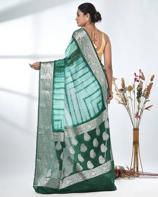 green & white silk blend tie & dye saree with intricate border 3