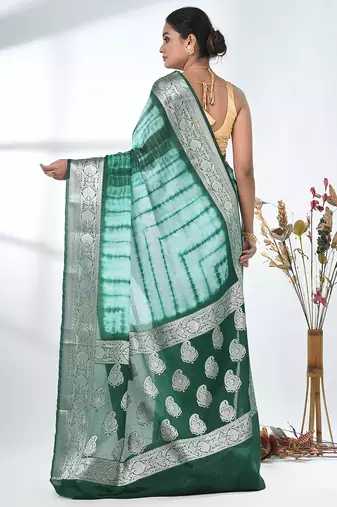 green & white silk blend tie & dye saree with intricate border