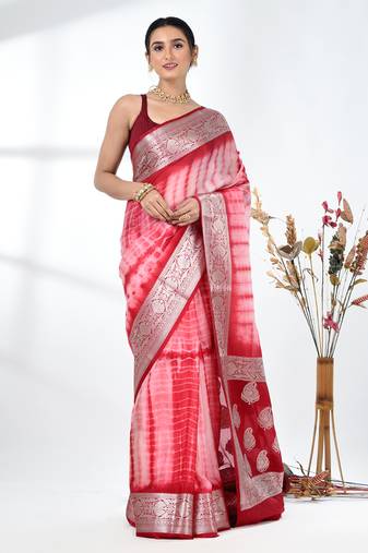 red & white silk blend tie & dye saree with intricate border