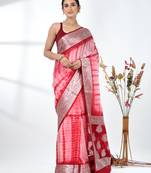red & white silk blend tie & dye saree with intricate border