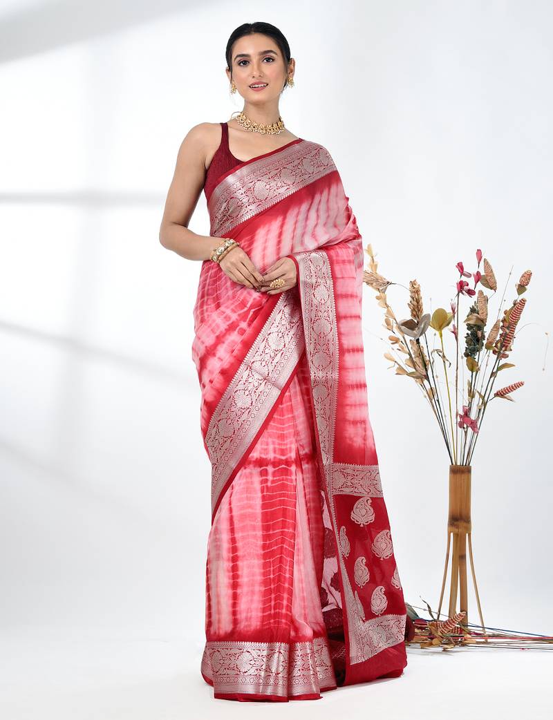 red & white silk blend tie & dye saree with intricate border
