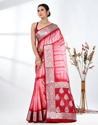 red & white silk blend tie & dye saree with intricate border 2