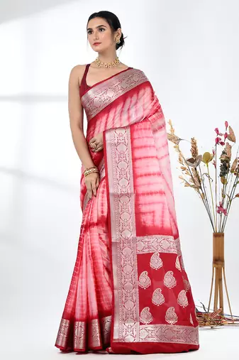 red & white silk blend tie & dye saree with intricate border