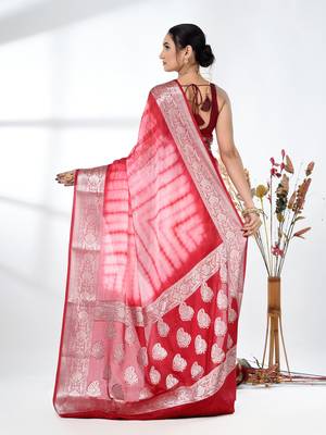 red & white silk blend tie & dye saree with intricate border 3