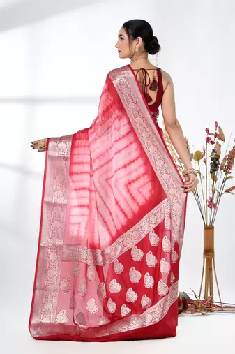 red & white silk blend tie & dye saree with intricate border