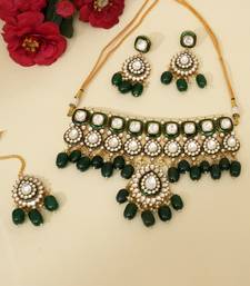 Gold plated kundan green stones choker necklace set