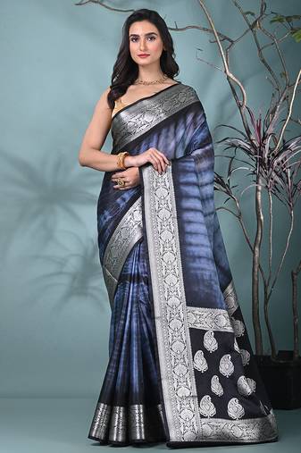 black & grey silk blend tie & dye saree with intricate border