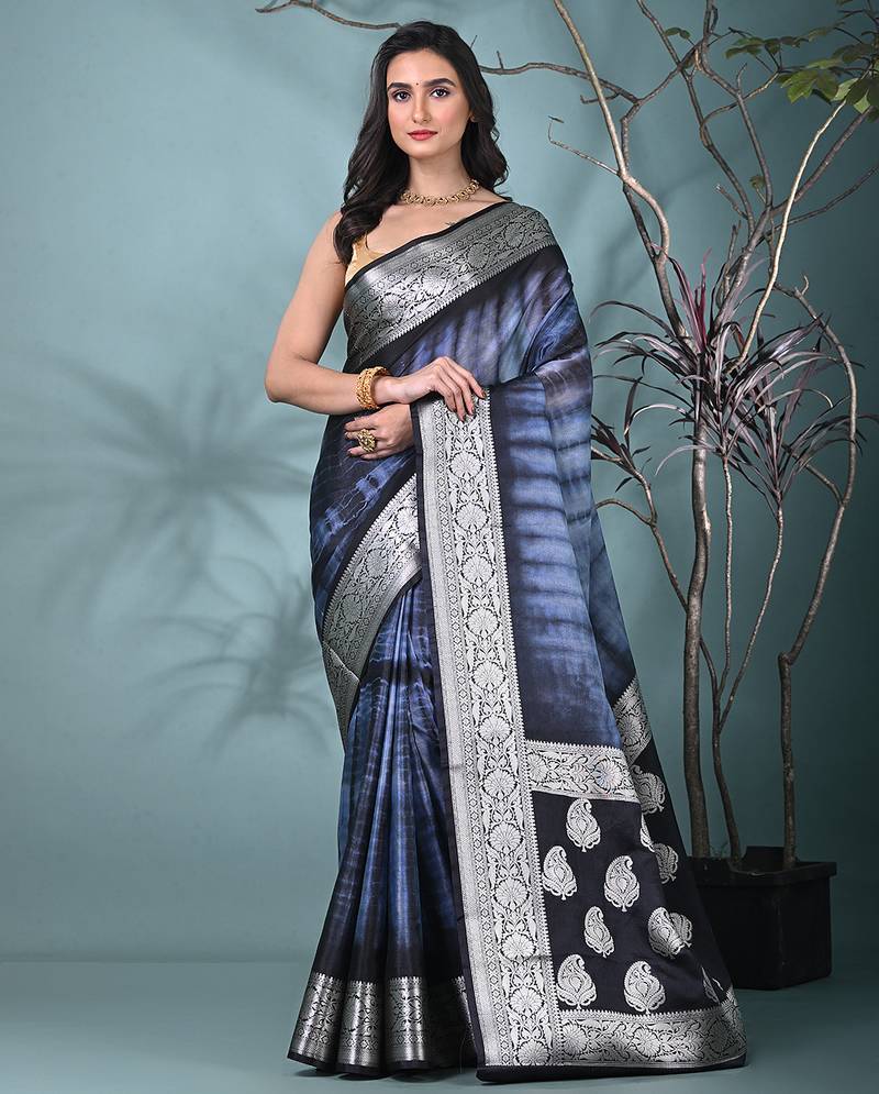 black & grey silk blend tie & dye saree with intricate border
