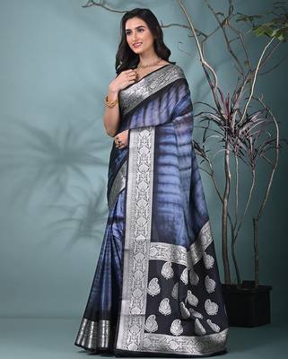 black & grey silk blend tie & dye saree with intricate border 2