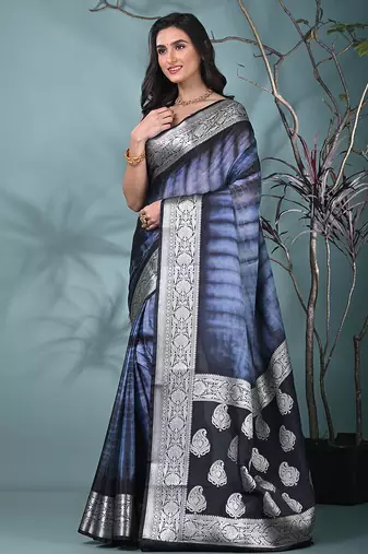 black & grey silk blend tie & dye saree with intricate border