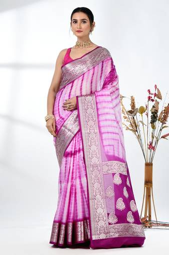 purple & white silk blend tie & dye saree with intricate border
