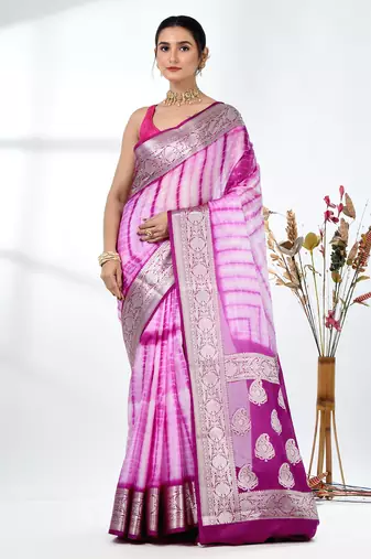purple & white silk blend tie & dye saree with intricate border