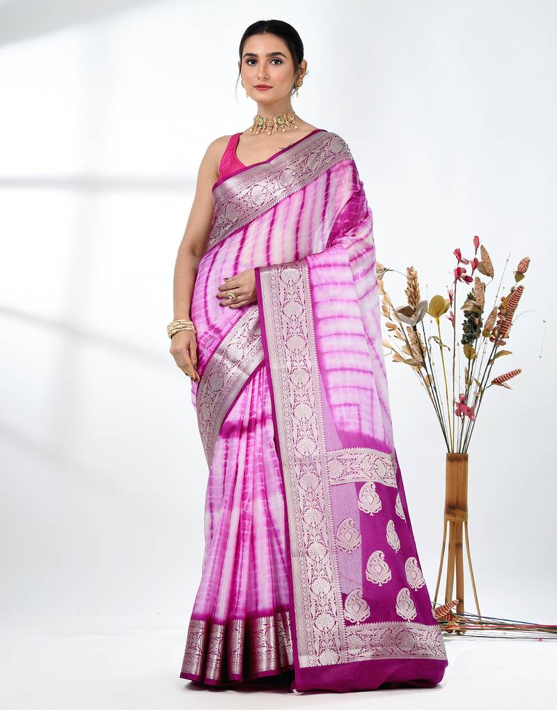 purple & white silk blend tie & dye saree with intricate border