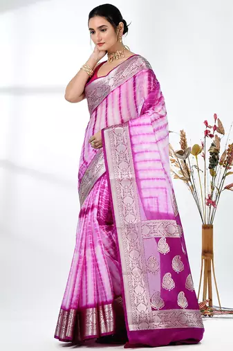 purple & white silk blend tie & dye saree with intricate border
