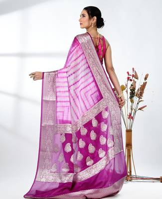 purple & white silk blend tie & dye saree with intricate border 3