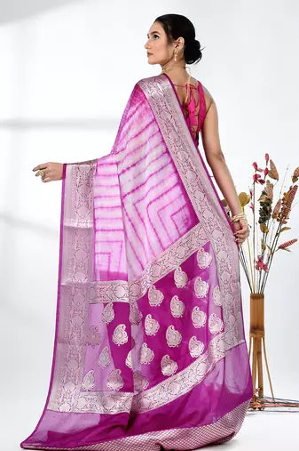 purple & white silk blend tie & dye saree with intricate border