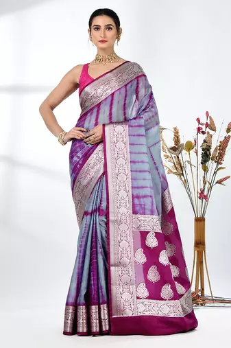 grey & magenta silk blend tie & dye saree with intricate border