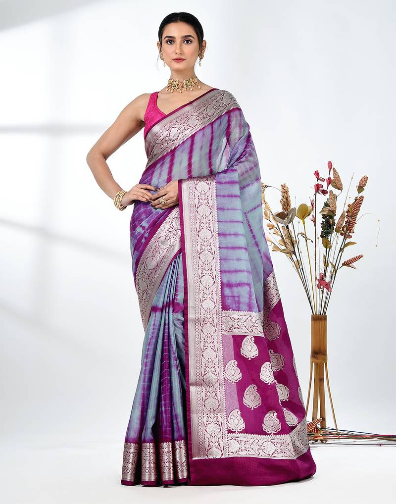 grey & magenta silk blend tie & dye saree with intricate border