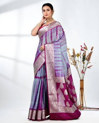 grey & magenta silk blend tie & dye saree with intricate border 2