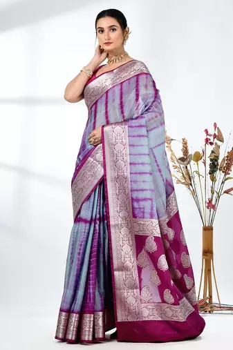 grey & magenta silk blend tie & dye saree with intricate border