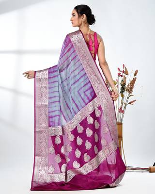 grey & magenta silk blend tie & dye saree with intricate border 3
