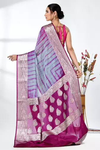 grey & magenta silk blend tie & dye saree with intricate border