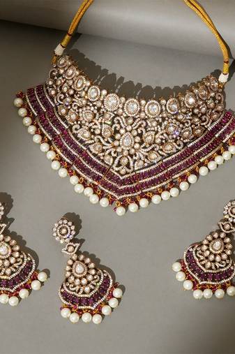 Gold plated kundan red stones necklace set