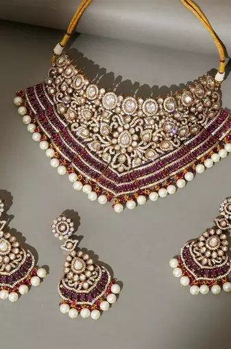 Gold plated kundan red stones necklace set
