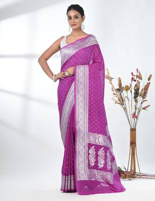 purple georgette saree with silver border and detailing 1