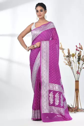 purple georgette saree with silver border and detailing