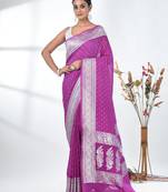 purple georgette saree with silver border and detailing