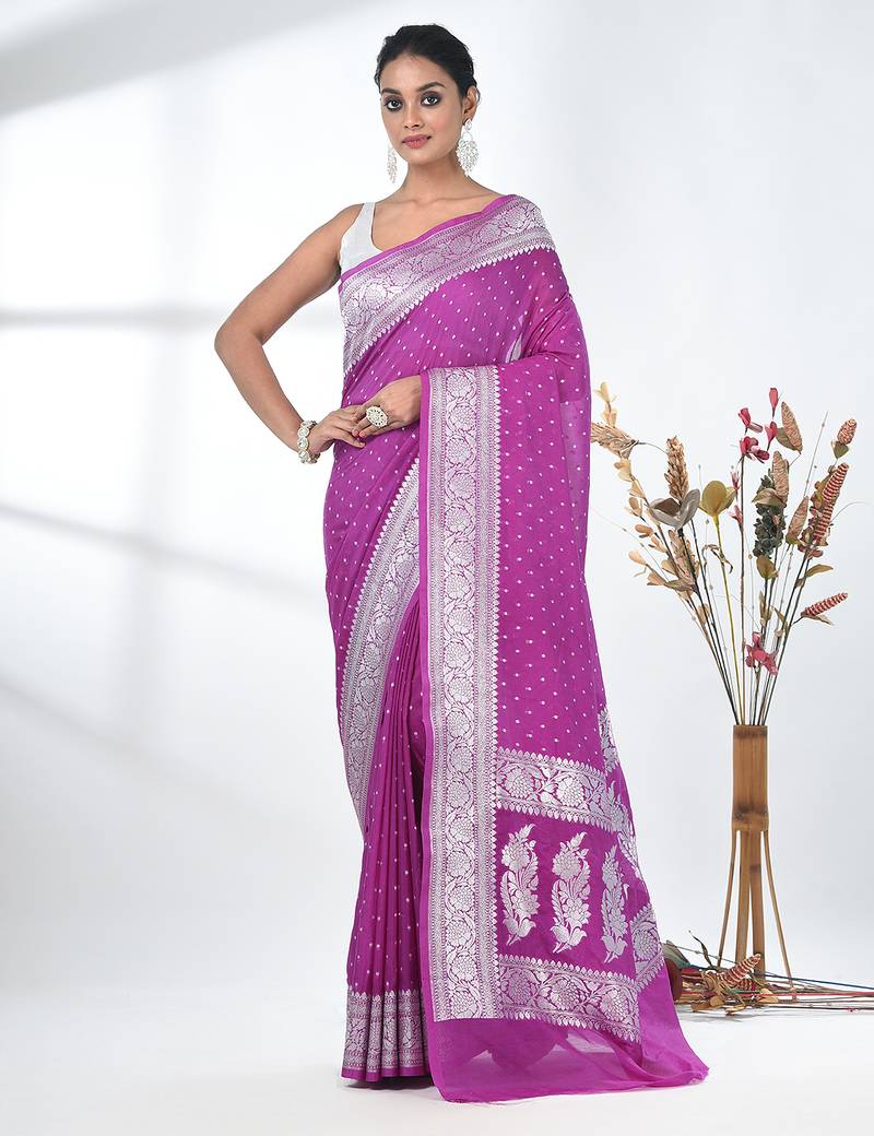 purple georgette saree with silver border and detailing